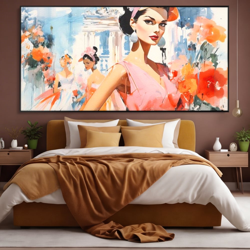 Tablou canvas cu tablou canvas cu femei la moda retro, in rama de aluminiu negru, pe perete intr-un dormitor